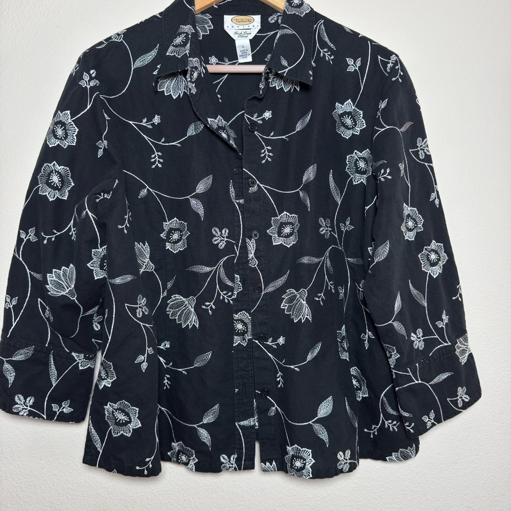 Talbots Black and Embroidered Floral Linen Blouse